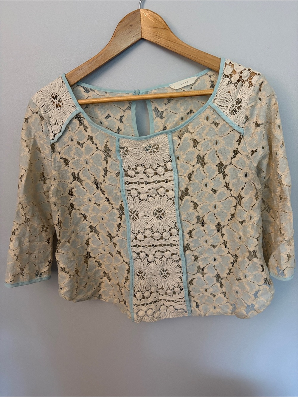 Lush Cream Lace Blouse with Light Blue Trim